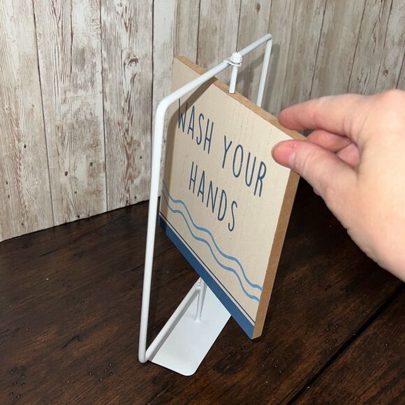 NWT Wash Your Hands Brush Your Teeth Bathroom Sign 2-Sided Metal Wood Decor Kids - Picture 4 of 6